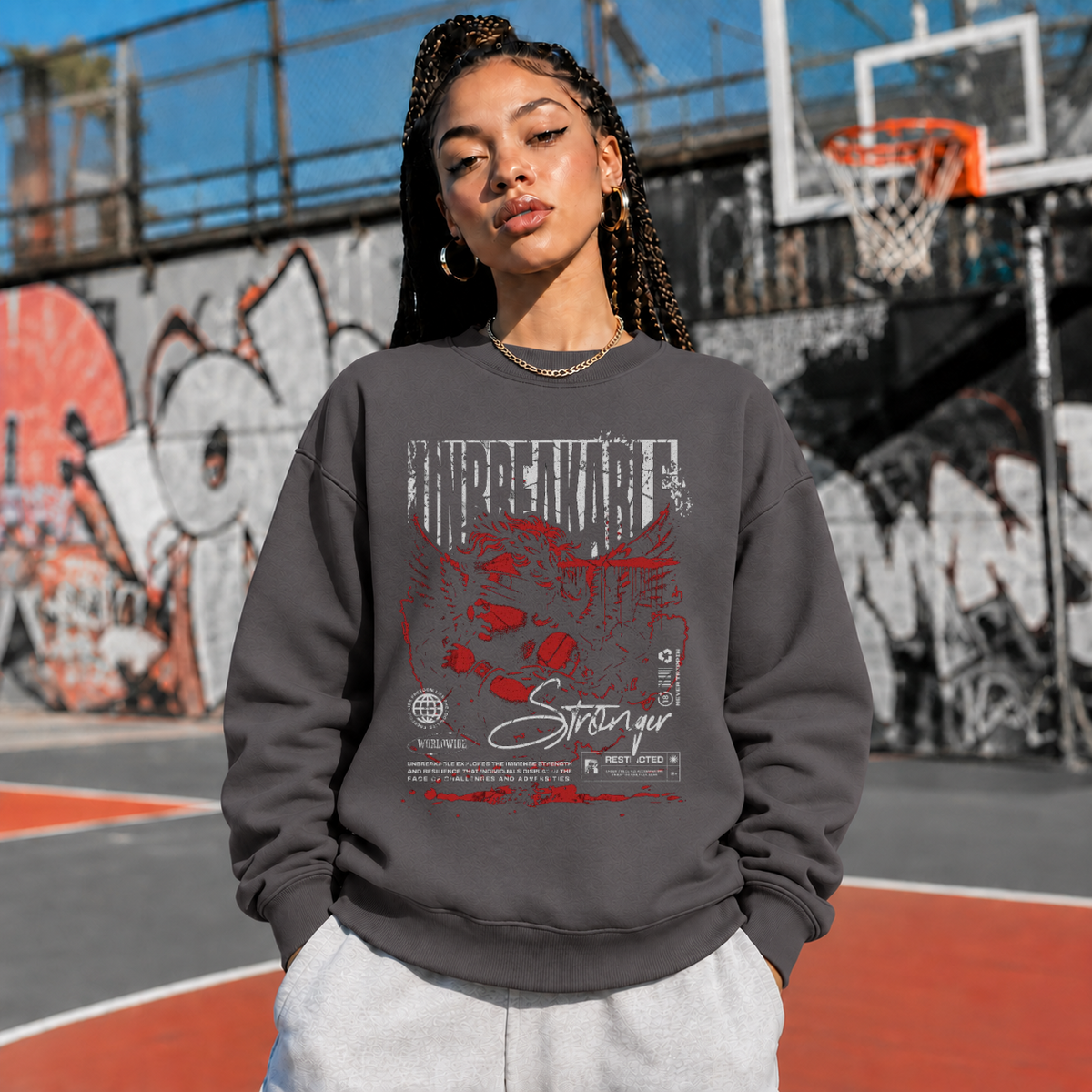 Unbreakable Stronger Bust Sweatshirt – Dark Editorial / Gothic Streetwear Sweatshirt - Color: charcoal