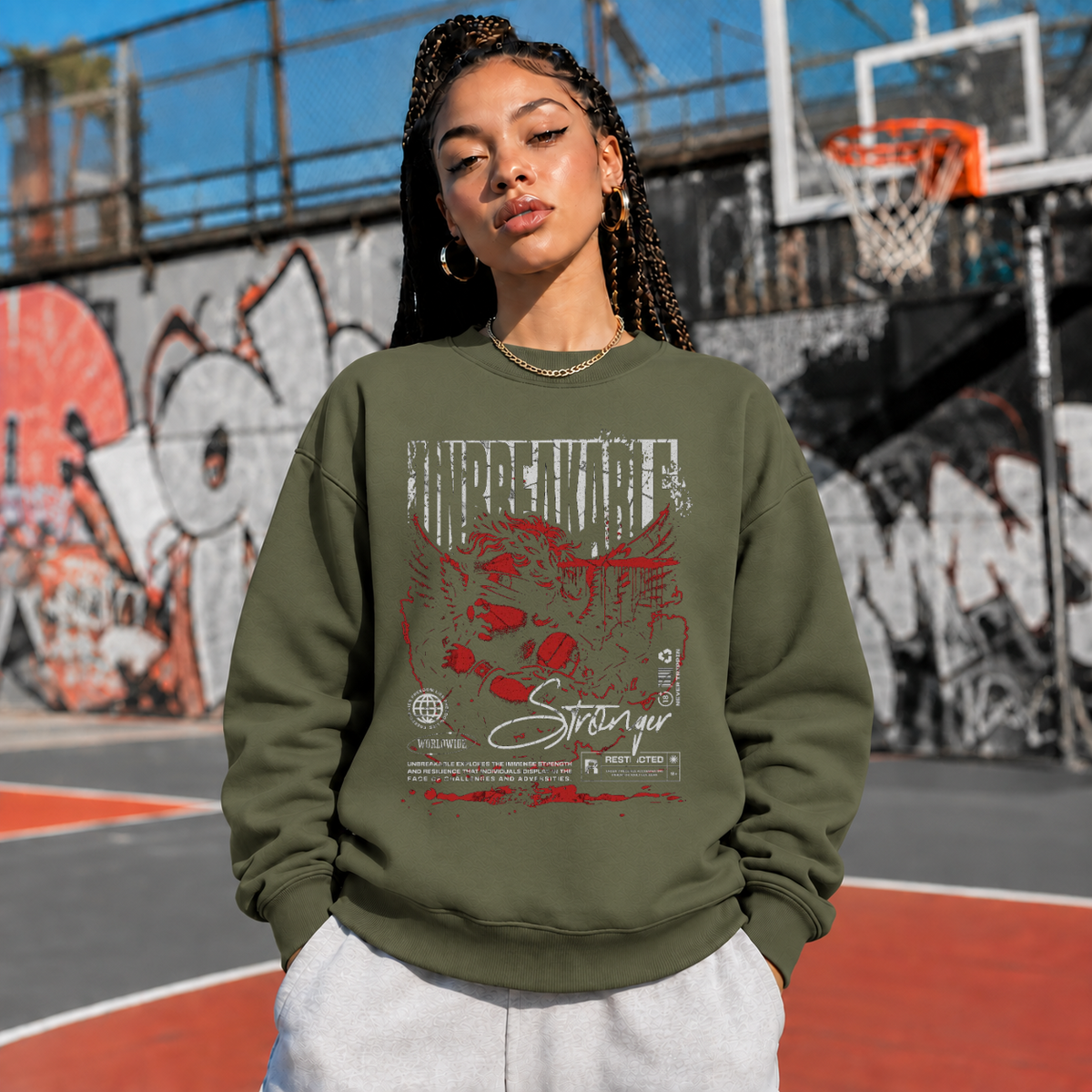 Unbreakable Stronger Bust Sweatshirt – Dark Editorial / Gothic Streetwear Sweatshirt - Color: military green