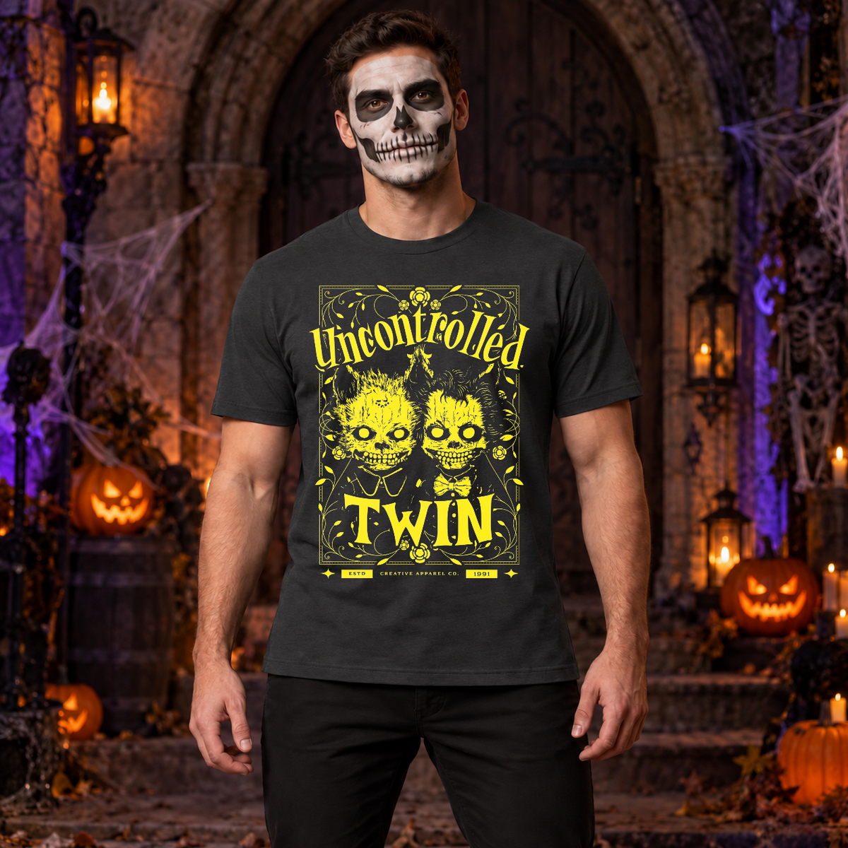 Uncontrolled twin T-Shirt – Dark Editorial Graphic Design Graphic Tee - Color: charcoal