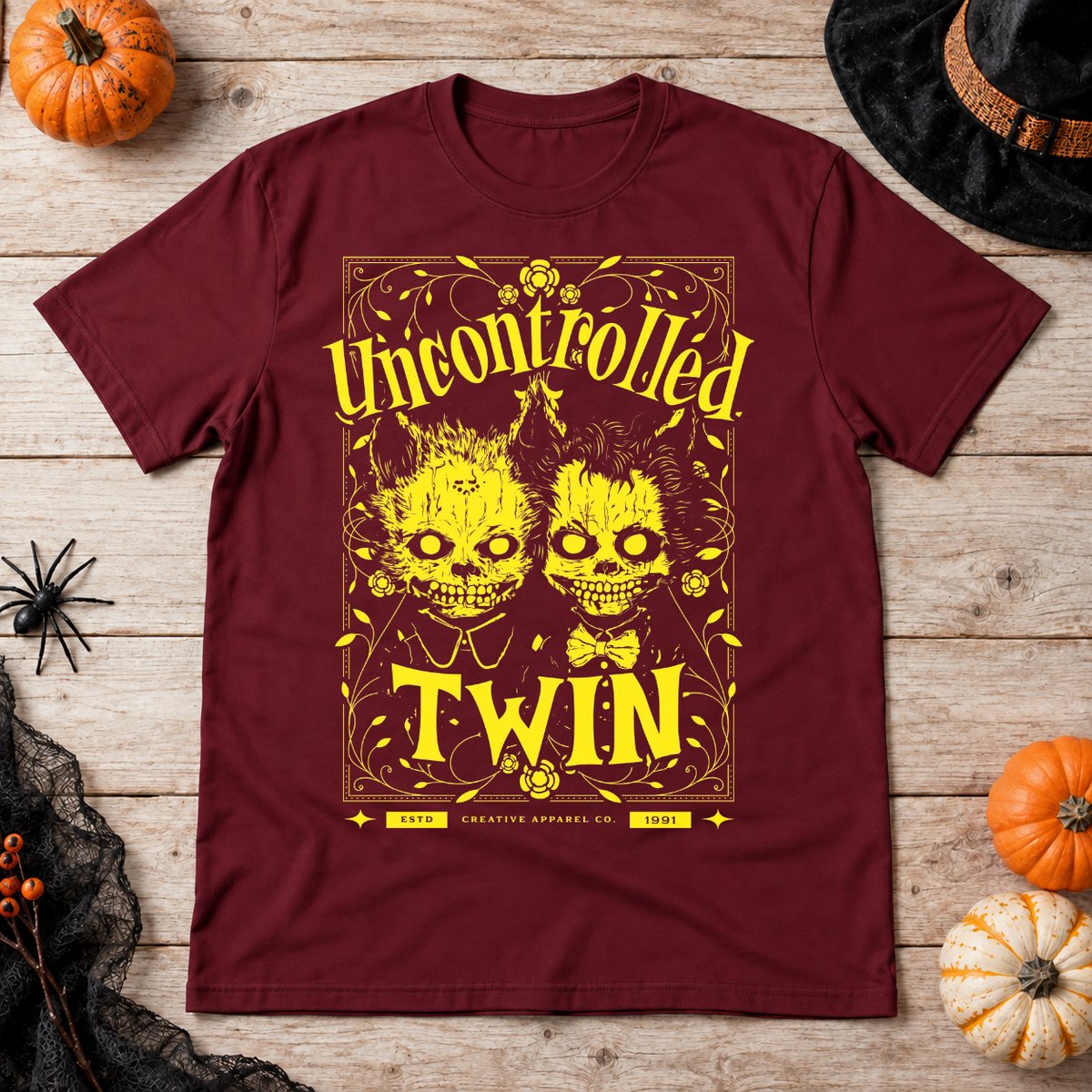 Uncontrolled twin T-Shirt – Dark Editorial Graphic Design Graphic Tee - Color: maroon