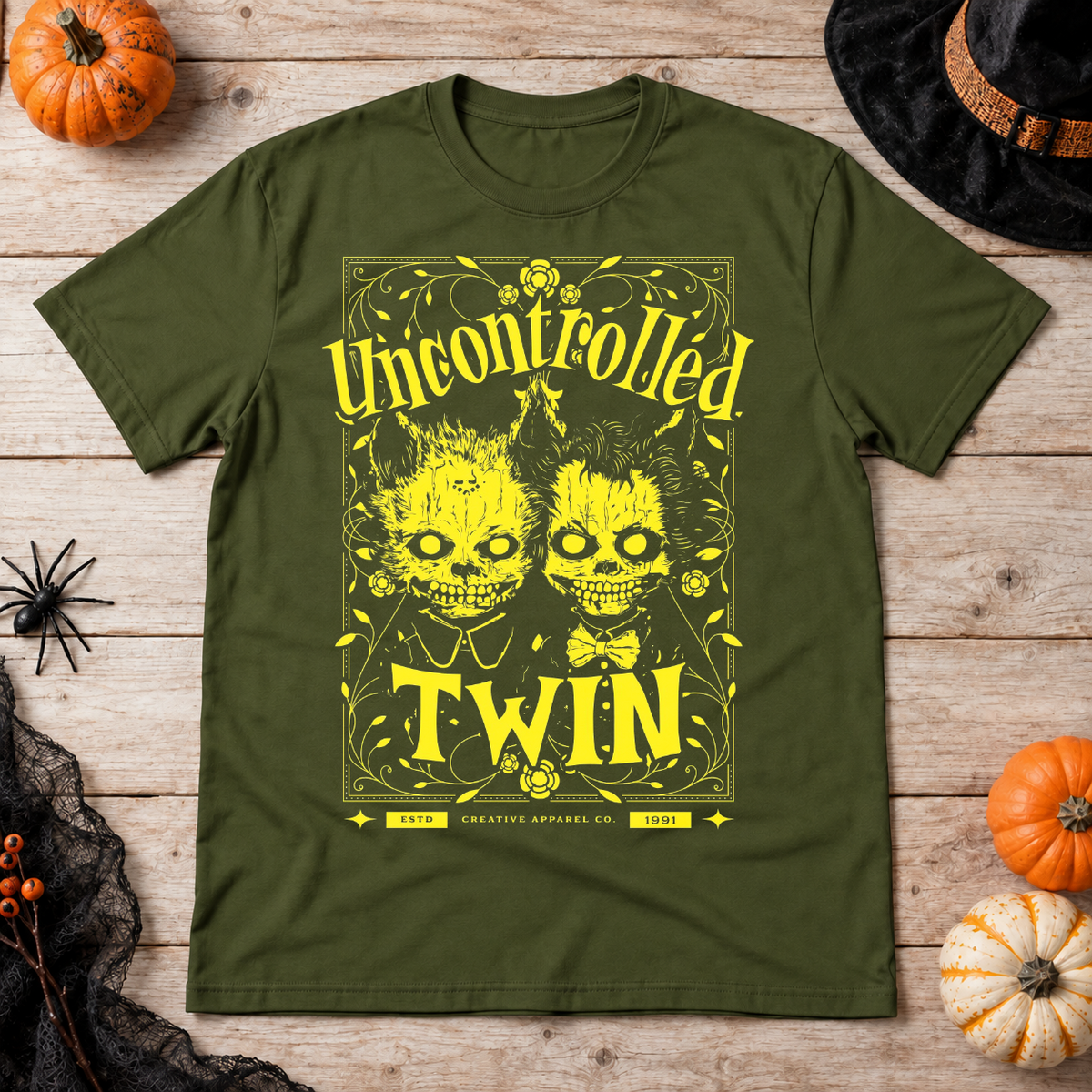 Uncontrolled twin T-Shirt – Dark Editorial Graphic Design Graphic Tee - Color: military green