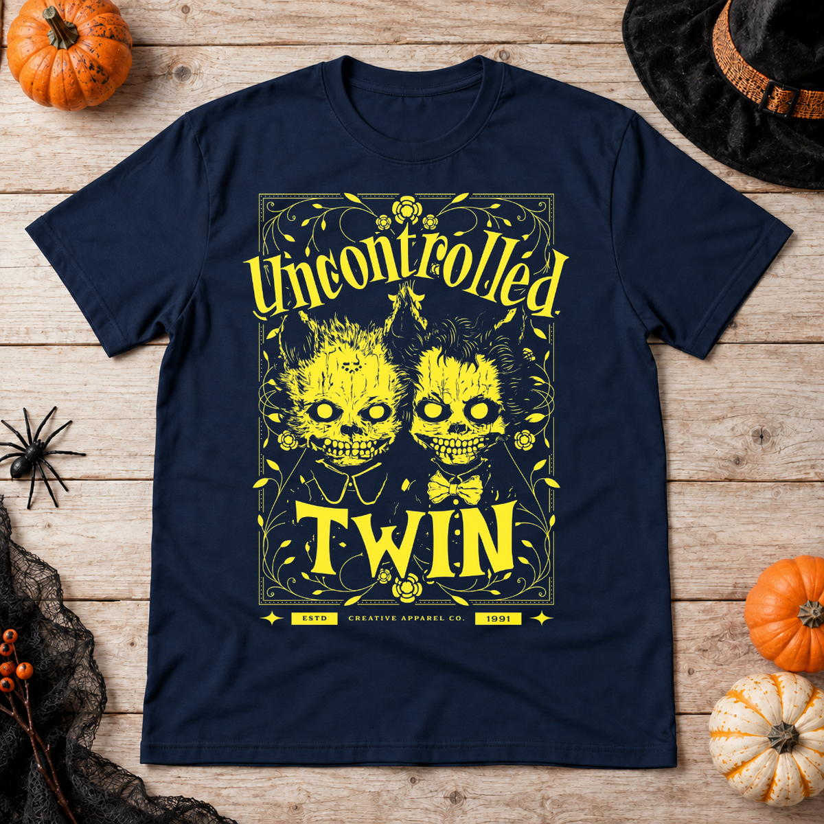 Uncontrolled twin T-Shirt – Dark Editorial Graphic Design Graphic Tee - Color: navy