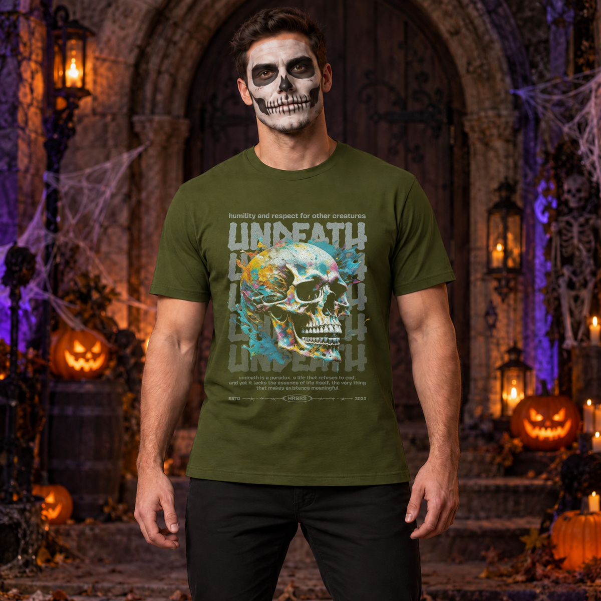 Undeath T-Shirt – Skull & Reaper Gothic Graphic Graphic Tee - Color: military green
