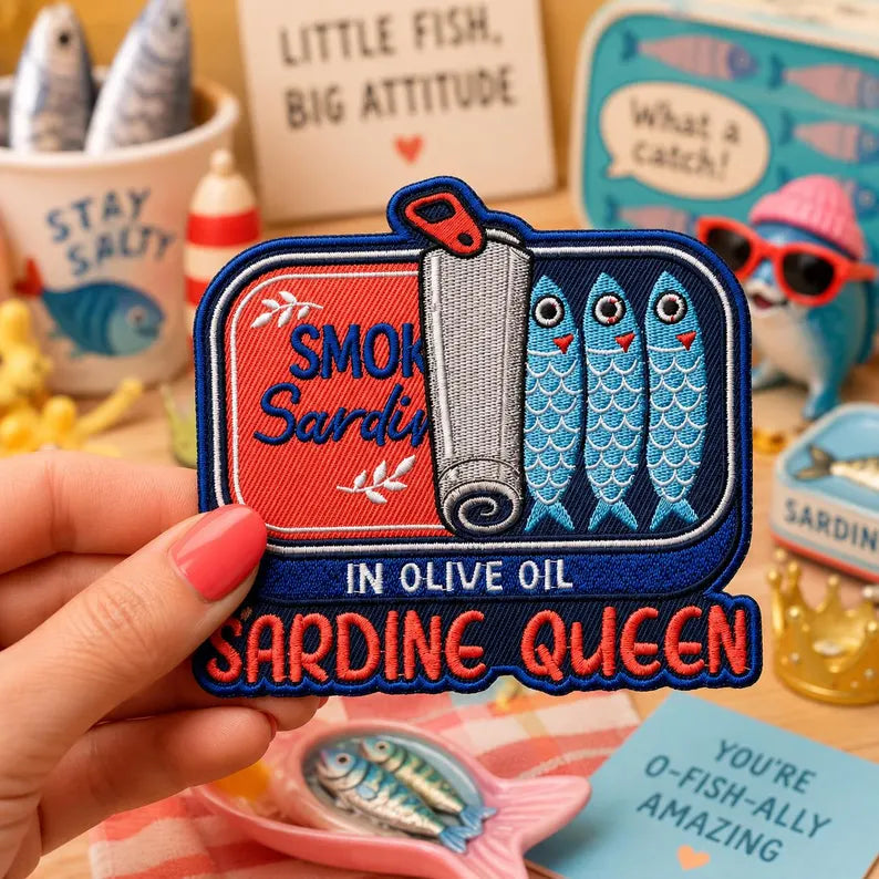 Sardine Queen Embroidered Patch, Vintage Smoked Tinned Fish Iron On Patches, Funny Gift for Her, Retro Badge Jacket Backpack