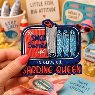 Sardine Queen Embroidered Patch, Vintage Smoked Tinned Fish Iron On Patches, Funny Gift for Her, Retro Badge Jacket Backpack