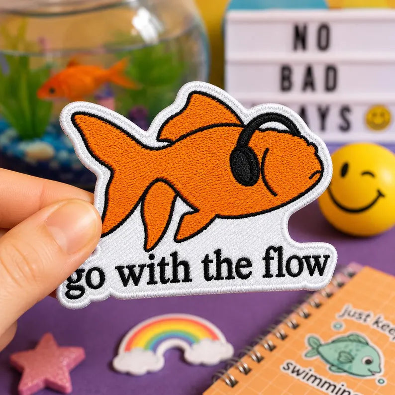 Go With The Flow Goldfish Patch, Vintage Nature Magazine Aesthetic Embroidered, 90s Style Graphic Gift For Her Him