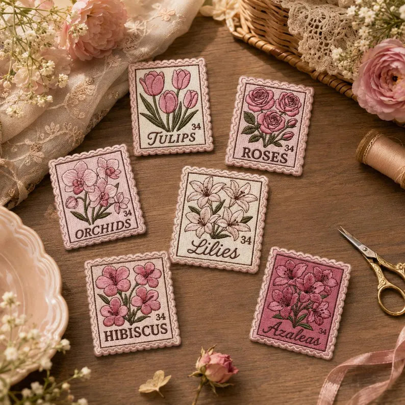 Floral Stamp Embroidered Patch, Vintage Flower Iron On Patches, Cottagecore Rose Tulip Lilies Badge, Cute Applique for Jacket Backpack Tote