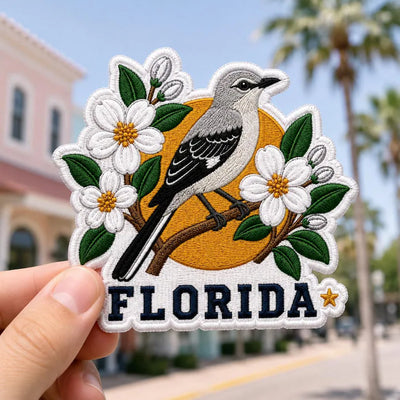 Florida Embroidered Patch, Retro Mockingbird State Bird Badge, Iron On Blossom Patch, Sunshine State, Gift For Friend