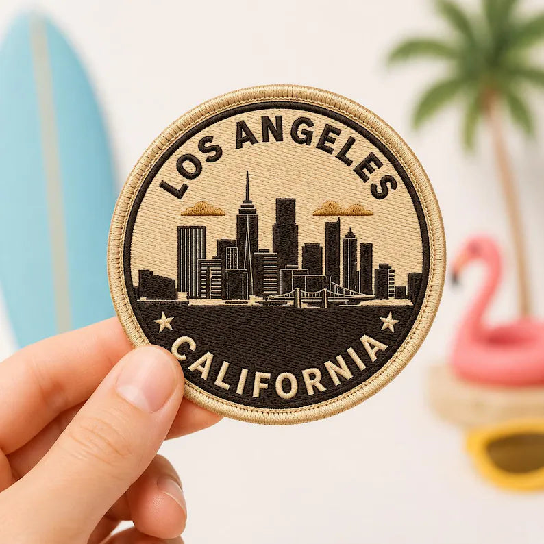 Retro Los Angeles Embroidered Patch, Vintage City Skyline California Badge, Iron On Round Geometric Patch, West Coast Travel Gift