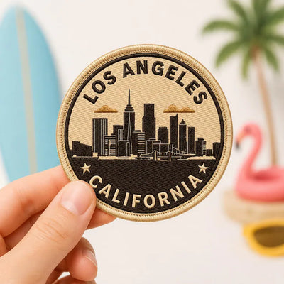 Retro Los Angeles Embroidered Patch, Vintage City Skyline California Badge, Iron On Round Geometric Patch, West Coast Travel Gift