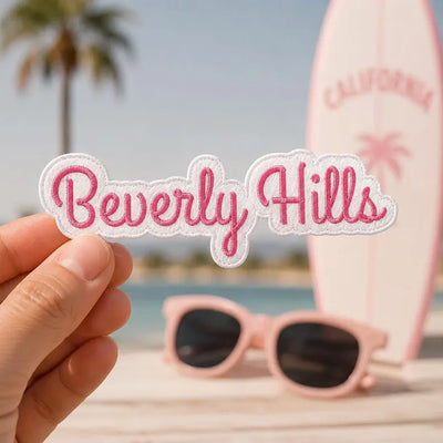 Beverly Hills Patch, Pink Cursive Font Embroidered California Badge, Iron On Die Cut Preppy Patch, West Coast Travel Gift For Friends