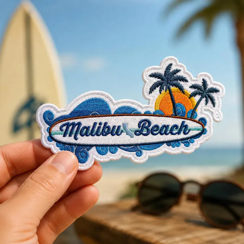 Malibu Beach Patch, Retro California Surfboard Embroidered Badge, Ocean Wave Iron On Patch, West Coast Travel Gift For Friends