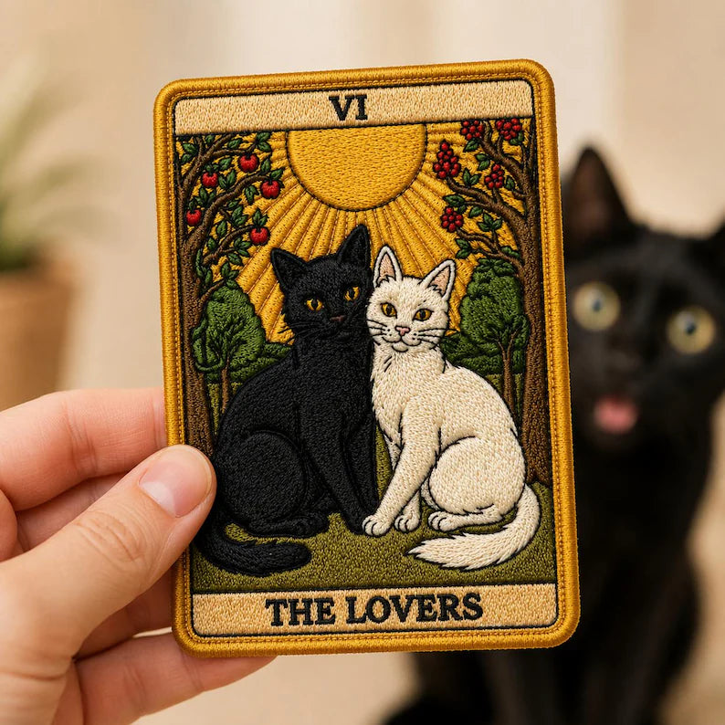 The Lovers Tarot Card Patch, Funny Black White Cat Embroidered Witchy Badge, Retro Rectangle Mystic Iron On Patch, Gift for Cat Lover