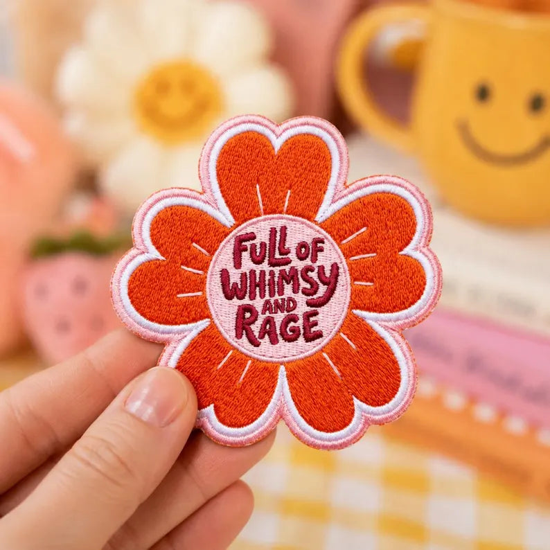 Full of Whimsy and Rage Embroidered Patch, Flower Iron On Patches, Sarcastic Retro 70s Quote Badge, Flower Applique for Jacket Backpack Gift