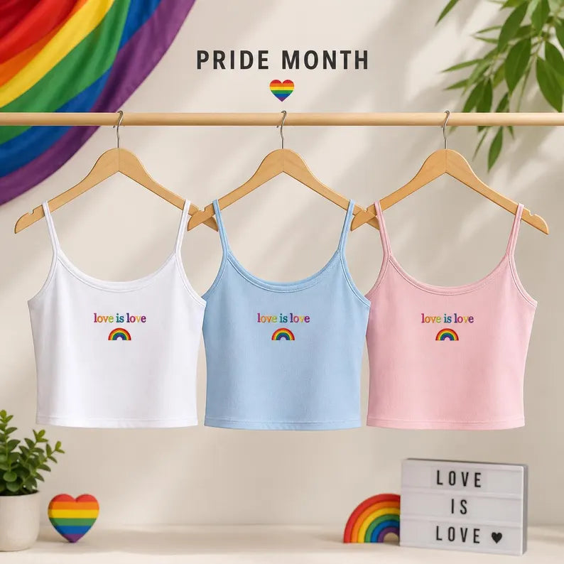 Love Is Love Embroidered Strap Top, Rainbow Pride Crop Top, White LGBTQ Aesthetic Strap Tank Top, Pride Graphic Tee Gift For Her