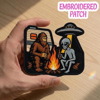 Bigfoot Alien Campfire Embroidered Patch, UFO Cryptid Iron On Badge, Outdoor Adventure Gear