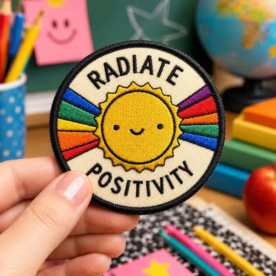 Radiate Positivity Patch, Funny Rainbow Sun Iron On Patch, Cute Mental Health Awareness Badge, Retro Groovy Jumper Jacket Backpack Gift