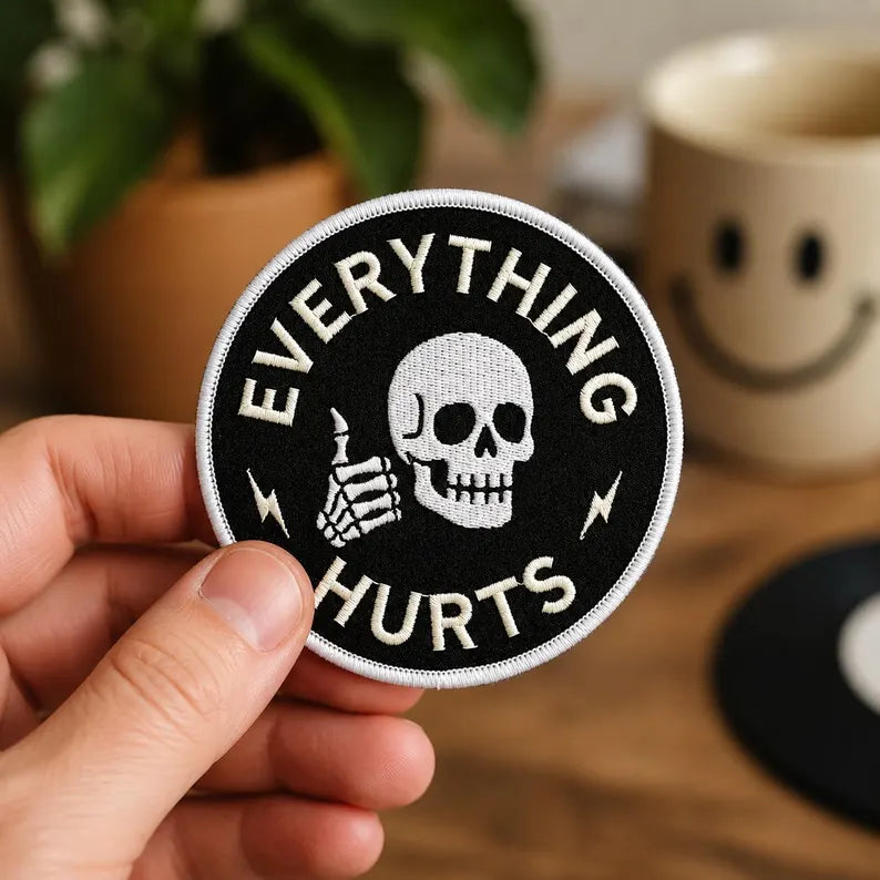 Everything Hurts Embroidered Patch, Funny Skull Thumbs Up Iron On Patches, Sarcastic Gym Chronic Pain Badge, Gothic Skeleton Gift for Jacket