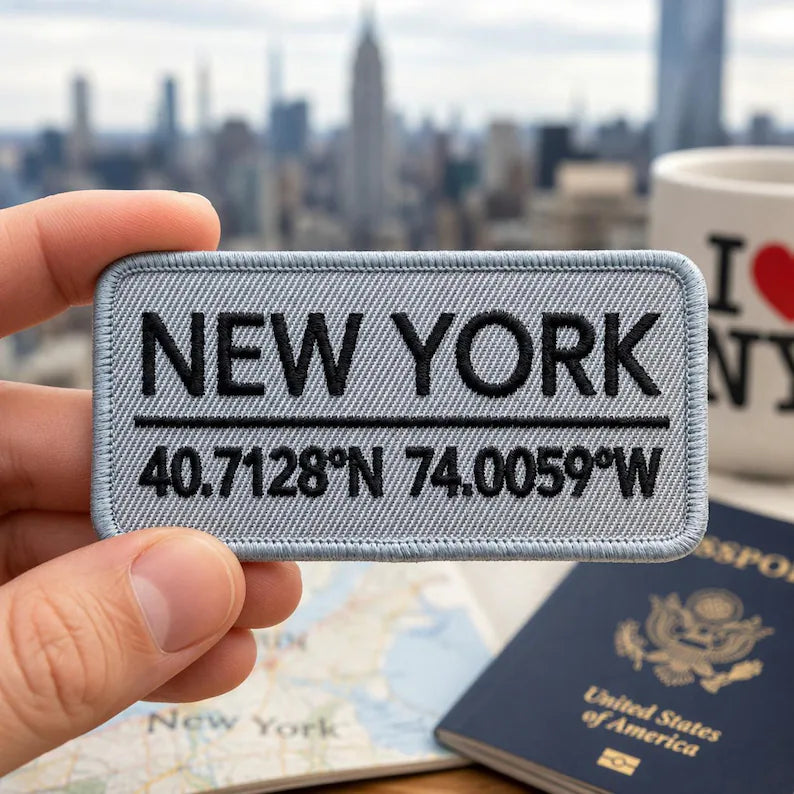 New York Coordinates Embroidered Patch, Vintage NYC Geographic Iron On Patch, Minimalist City Badge, Big Apple Travel Jacket Backpack Gift
