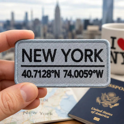New York Coordinates Embroidered Patch, Vintage NYC Geographic Iron On Patch, Minimalist City Badge, Big Apple Travel Jacket Backpack Gift