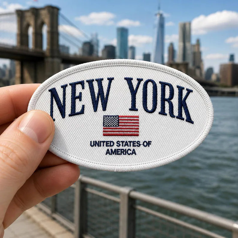 New York Flag Embroidered Patch, Vintage NYC Souvenir Iron On Patch, Classic Oval US Flag Badge, Americana Travel Jacket Backpack Gift