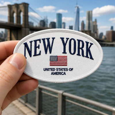 New York Flag Embroidered Patch, Vintage NYC Souvenir Iron On Patch, Classic Oval US Flag Badge, Americana Travel Jacket Backpack Gift