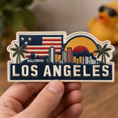 Los Angeles Embroidered Patch, Retro Sunset Skyline California Badge, American Flag Embroidered Patch, West Coast Travel Gift, Denim Jacket
