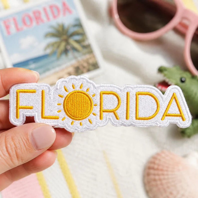 Florida Embroidered Patch, Retro Sunshine State Yellow Badge, Minimalist Sun Patch, Cali Florida Travel Gift For Friend Her