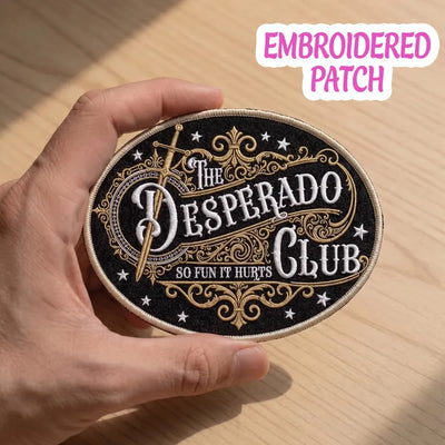 The Desperado Club Embroidered Patch, Western Sword Badge, Iron On Cowboy Gamer Accessory