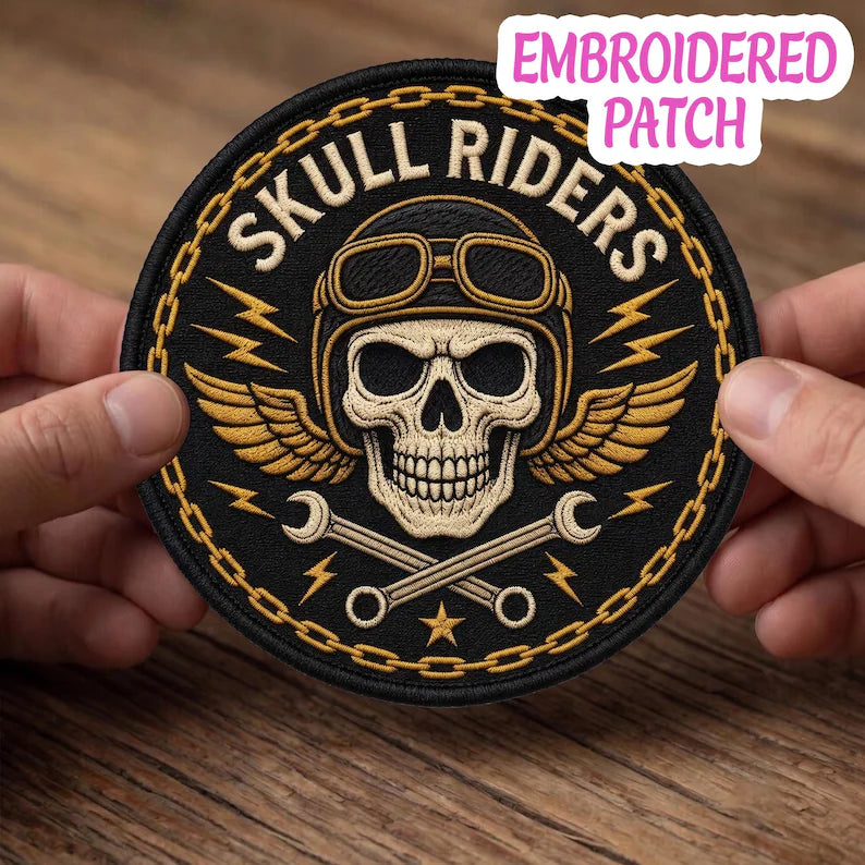 Skull Riders Embroidered Patch, Winged Biker Badge, Crossed Wrenches Iron On