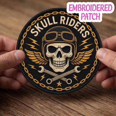 Skull Riders Embroidered Patch, Winged Biker Badge, Crossed Wrenches Iron On
