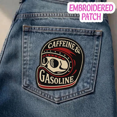 Caffeine & Gasoline Embroidered Patch, Vintage Helmet Skull Badge, Biker Iron On Patch, Gearhead Gift, Hot Rod Racing Patch