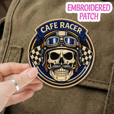 Cafe Racer Skull Embroidered Patch, Vintage Biker Iron On Badge, Retro Racing Flag Patch