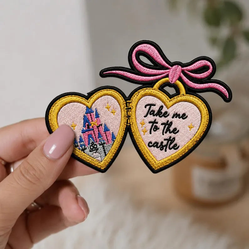 Heart Locket Embroidered Patch – Fairy Tale Castle, Pink Bow, Iron-On Bag Accessory