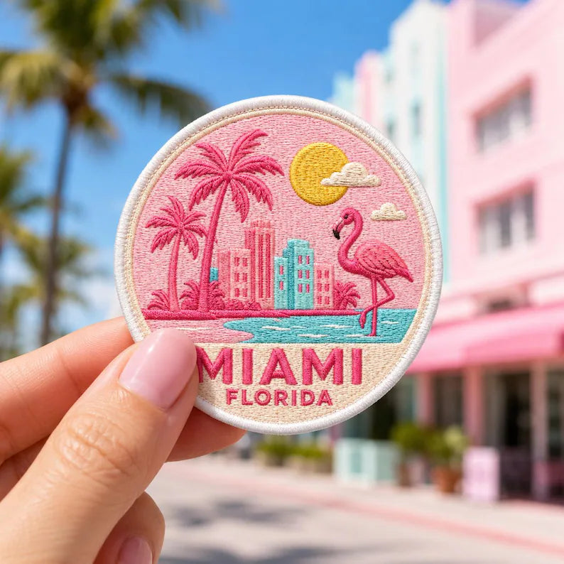 Miami Embroidered Patch, Retro Pink Flamingo Florida Badge, West Coast East Coast Patch, Gift For Friends Traveler