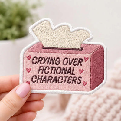 Crying Over Fictional Characters Patch, Funny Bookworm Tissue Box Embroidered Badge, Gift for Book Lovers, Friends