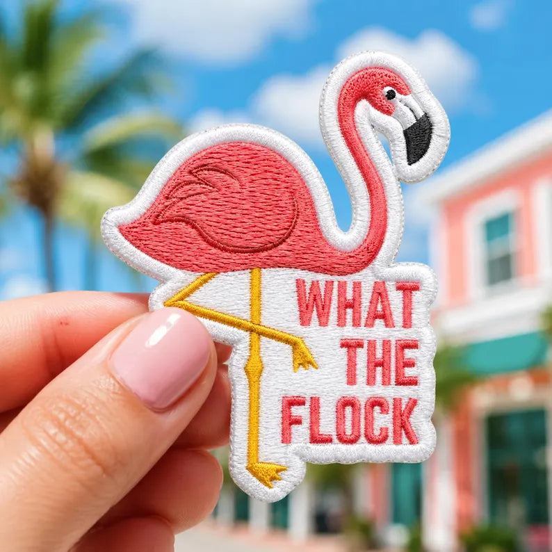 What the Flock Patch, Funny Flamingo Embroidered Badge, Retro Florida Tropical Patch, Gift for Flamingo Lovers, Denim Jacket DIY
