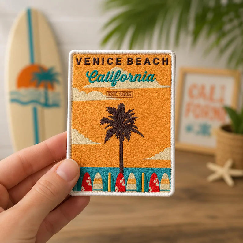 Venice Beach Patch, Retro California Surf Embroidered Badge, Iron On Rectangle Travel Poster Patch, West Coast Gift For Friends
