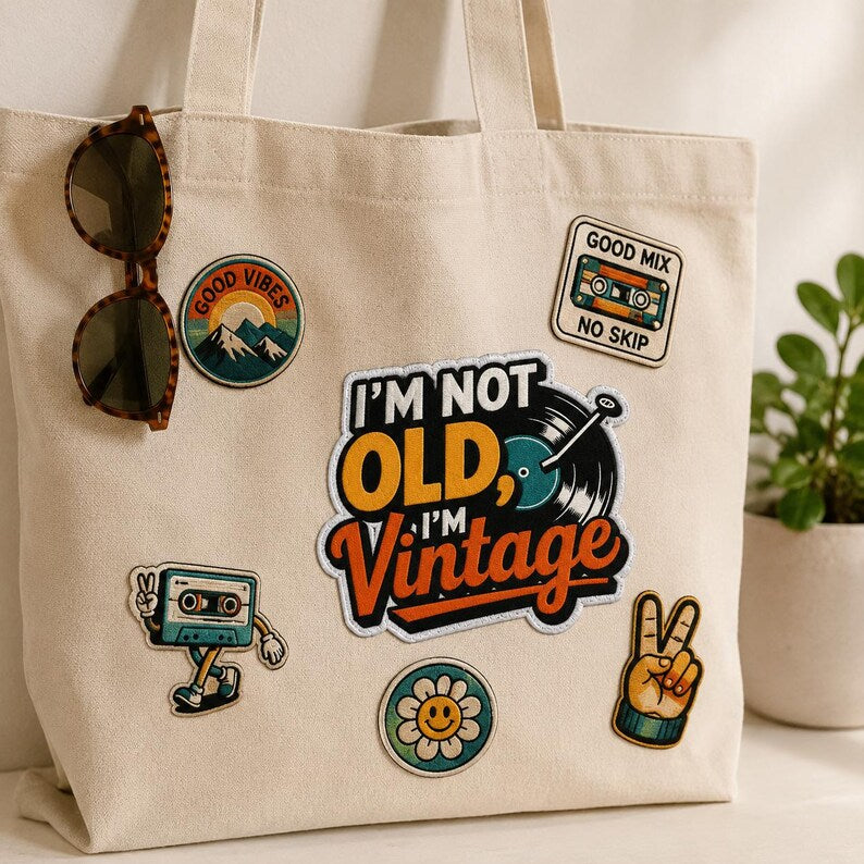 Funny I'm Not Old I'm Vintage Patch, Retro Vinyl Record Embroidered Badge, Iron On Music Lover Patch, Milestone Birthday Gift