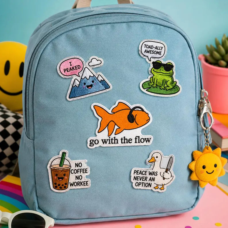 Go With The Flow Goldfish Patch, Vintage Nature Magazine Aesthetic Embroidered, 90s Style Graphic Gift For Her Him