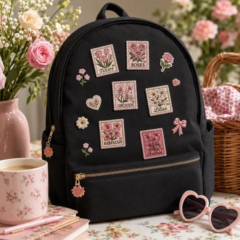 Floral Stamp Embroidered Patch, Vintage Flower Iron On Patches, Cottagecore Rose Tulip Lilies Badge, Cute Applique for Jacket Backpack Tote