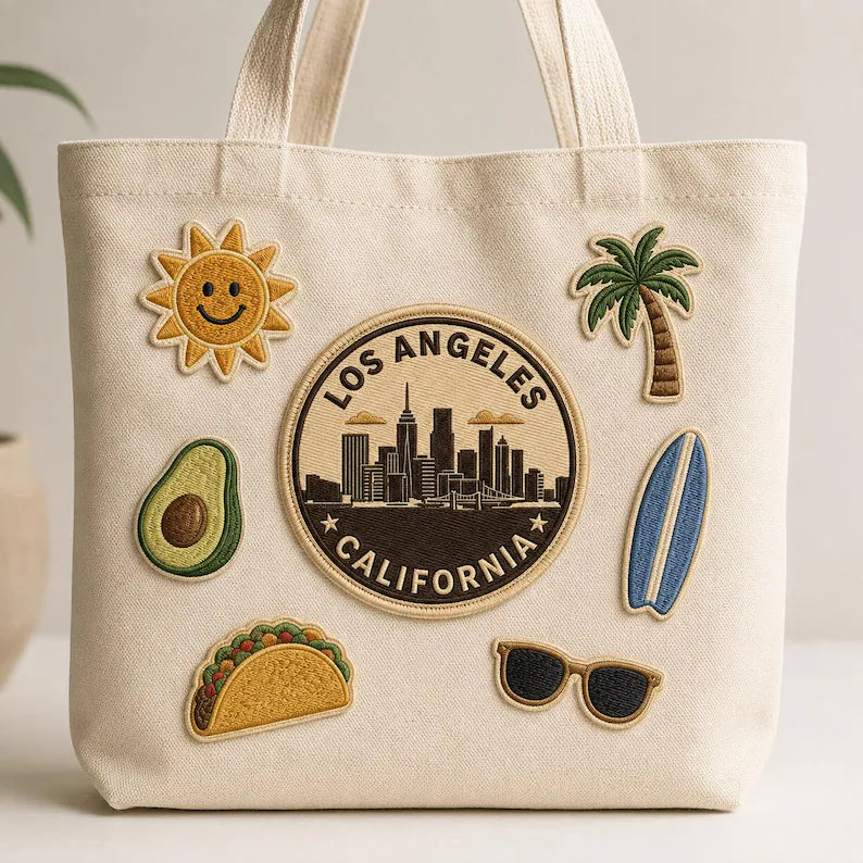 Retro Los Angeles Embroidered Patch, Vintage City Skyline California Badge, Iron On Round Geometric Patch, West Coast Travel Gift