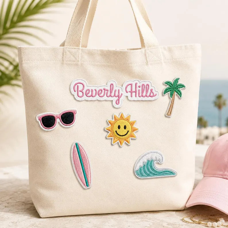 Beverly Hills Patch, Pink Cursive Font Embroidered California Badge, Iron On Die Cut Preppy Patch, West Coast Travel Gift For Friends