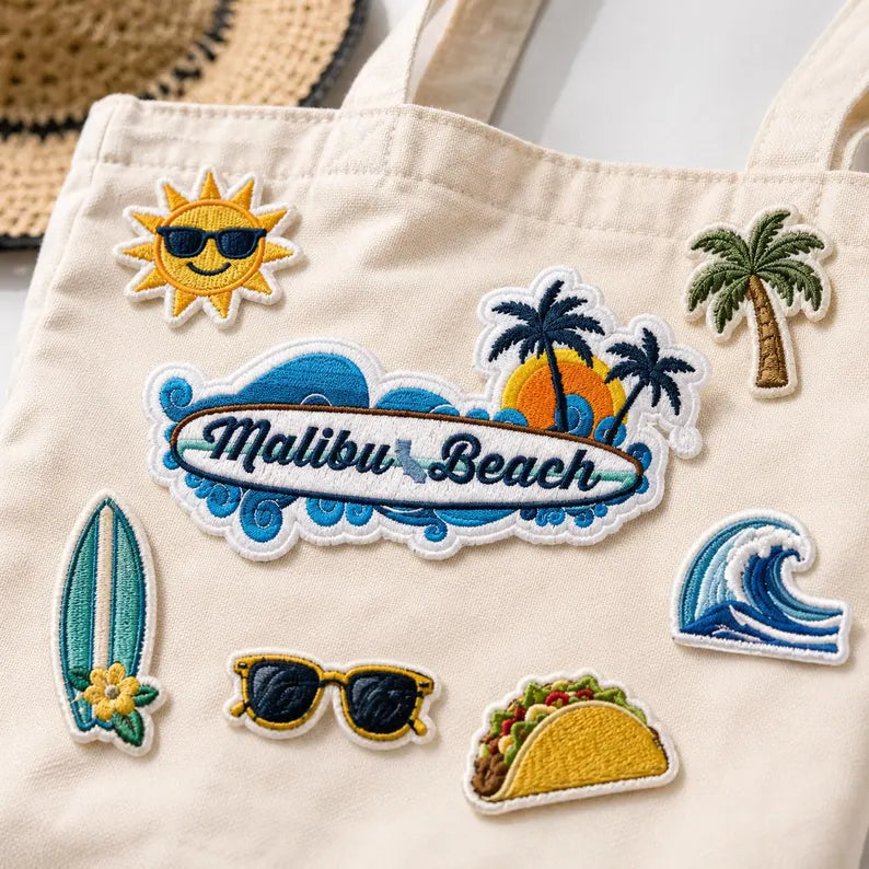 Malibu Beach Patch, Retro California Surfboard Embroidered Badge, Ocean Wave Iron On Patch, West Coast Travel Gift For Friends