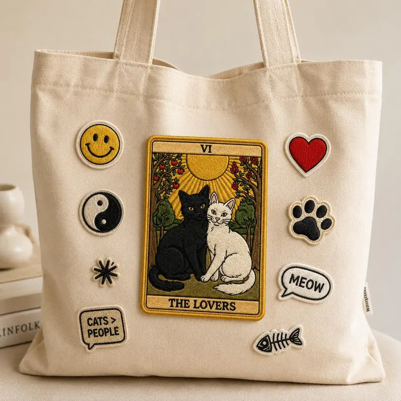 The Lovers Tarot Card Patch, Funny Black White Cat Embroidered Witchy Badge, Retro Rectangle Mystic Iron On Patch, Gift for Cat Lover