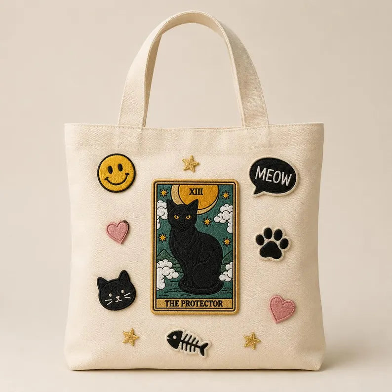 The Protector Tarot Card Patch, Funny Black Cat Embroidered Witchy Badge, Retro Rectangle Mystic Iron On Patch, Gift for Cat Lover
