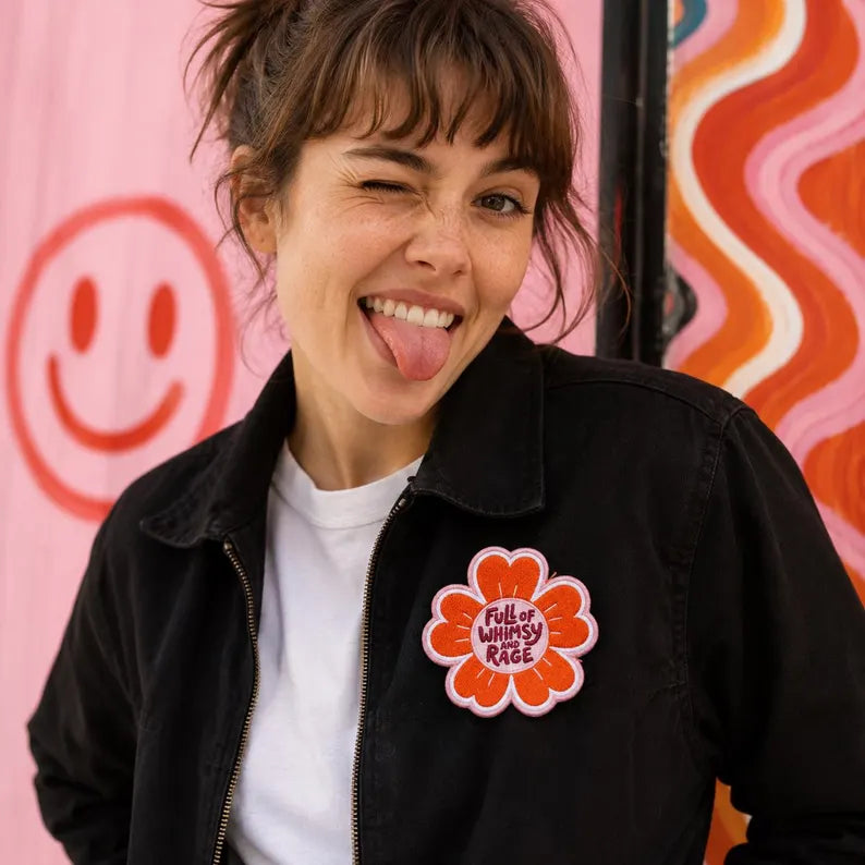 Full of Whimsy and Rage Embroidered Patch, Flower Iron On Patches, Sarcastic Retro 70s Quote Badge, Flower Applique for Jacket Backpack Gift