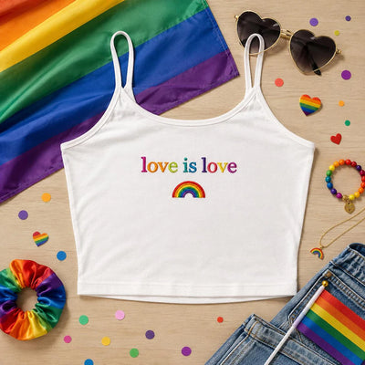 Love Is Love Embroidered Strap Top, Rainbow Pride Crop Top, White LGBTQ Aesthetic Strap Tank Top, Pride Graphic Tee Gift For Her