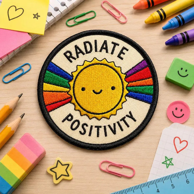 Radiate Positivity Patch, Funny Rainbow Sun Iron On Patch, Cute Mental Health Awareness Badge, Retro Groovy Jumper Jacket Backpack Gift