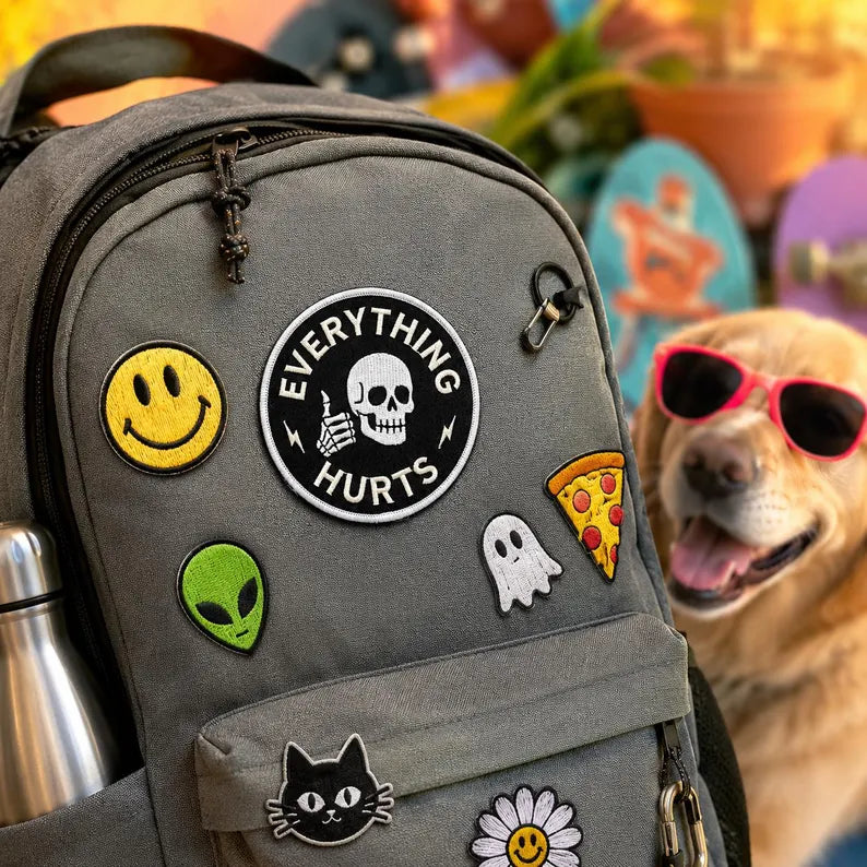 Everything Hurts Embroidered Patch, Funny Skull Thumbs Up Iron On Patches, Sarcastic Gym Chronic Pain Badge, Gothic Skeleton Gift for Jacket